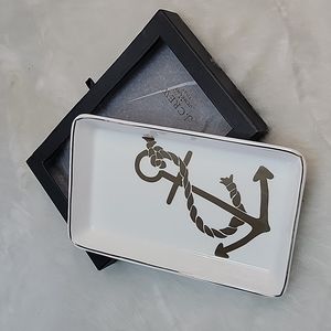 J.CREW NeW White Silver Printed Anchor Nautical Preppy Boho Jewelry Trinket Tray